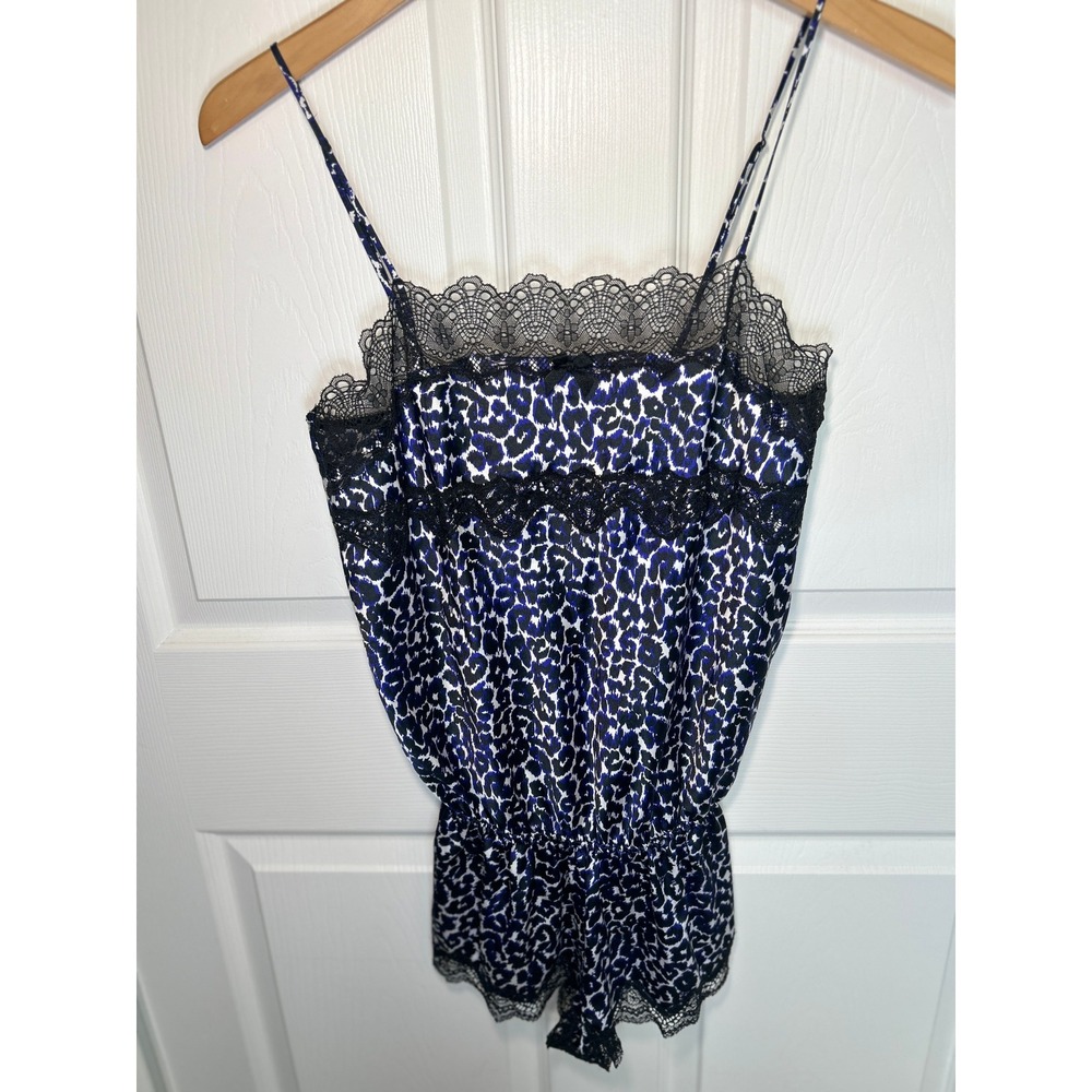 Victoria's Secret Romper Teddy Leopard M Blue Lace Trim Adjustable Straps Satin